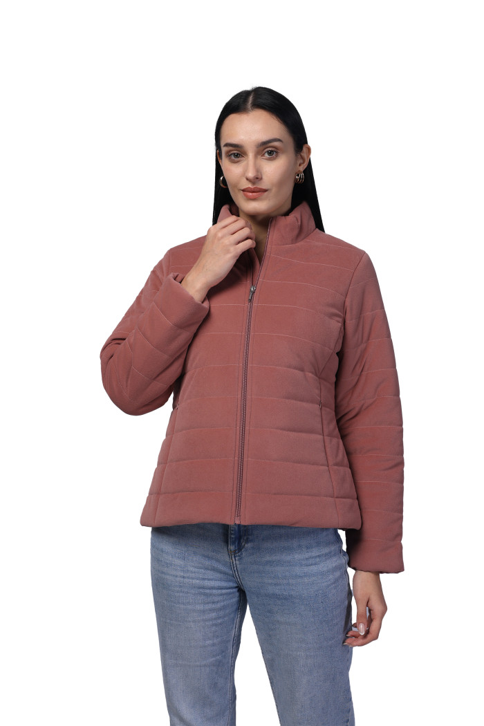 Women Quilted Jacket In Velvet Fabric With Concealed Zipper Pocket - Onion Pink